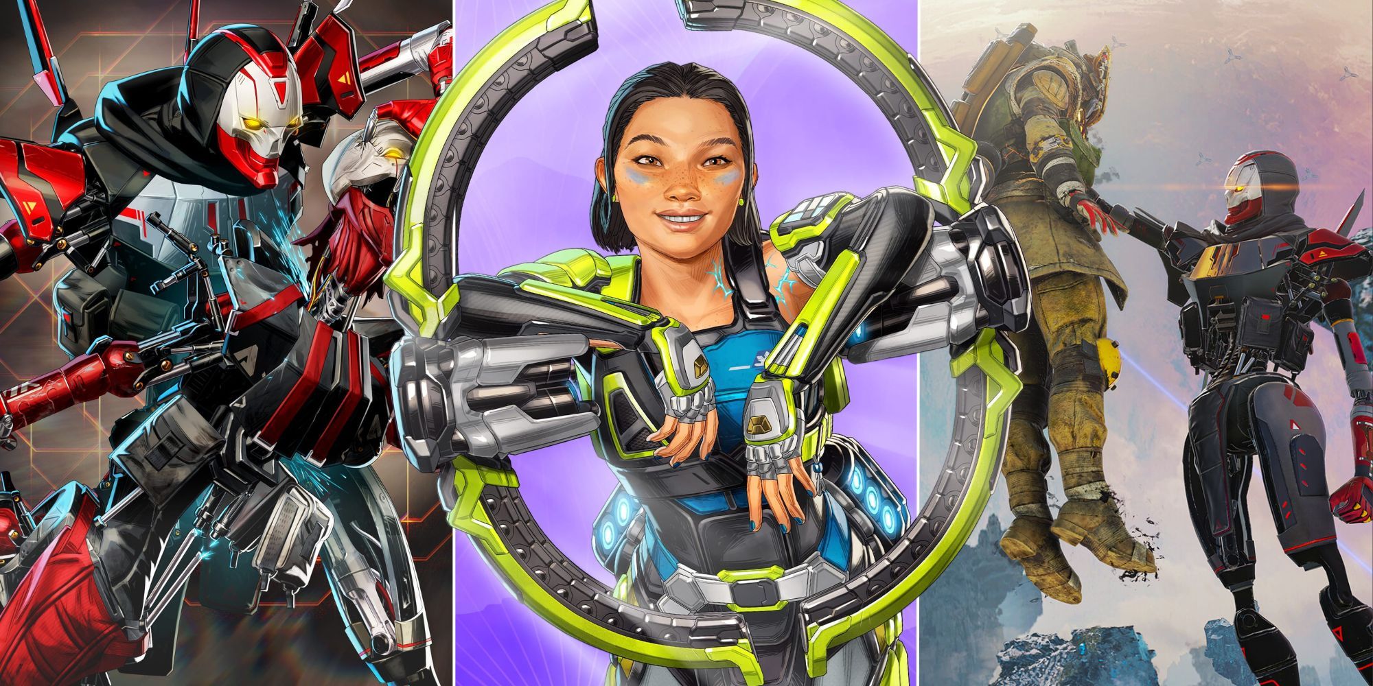 split image of 3 different apex legends characters posing 