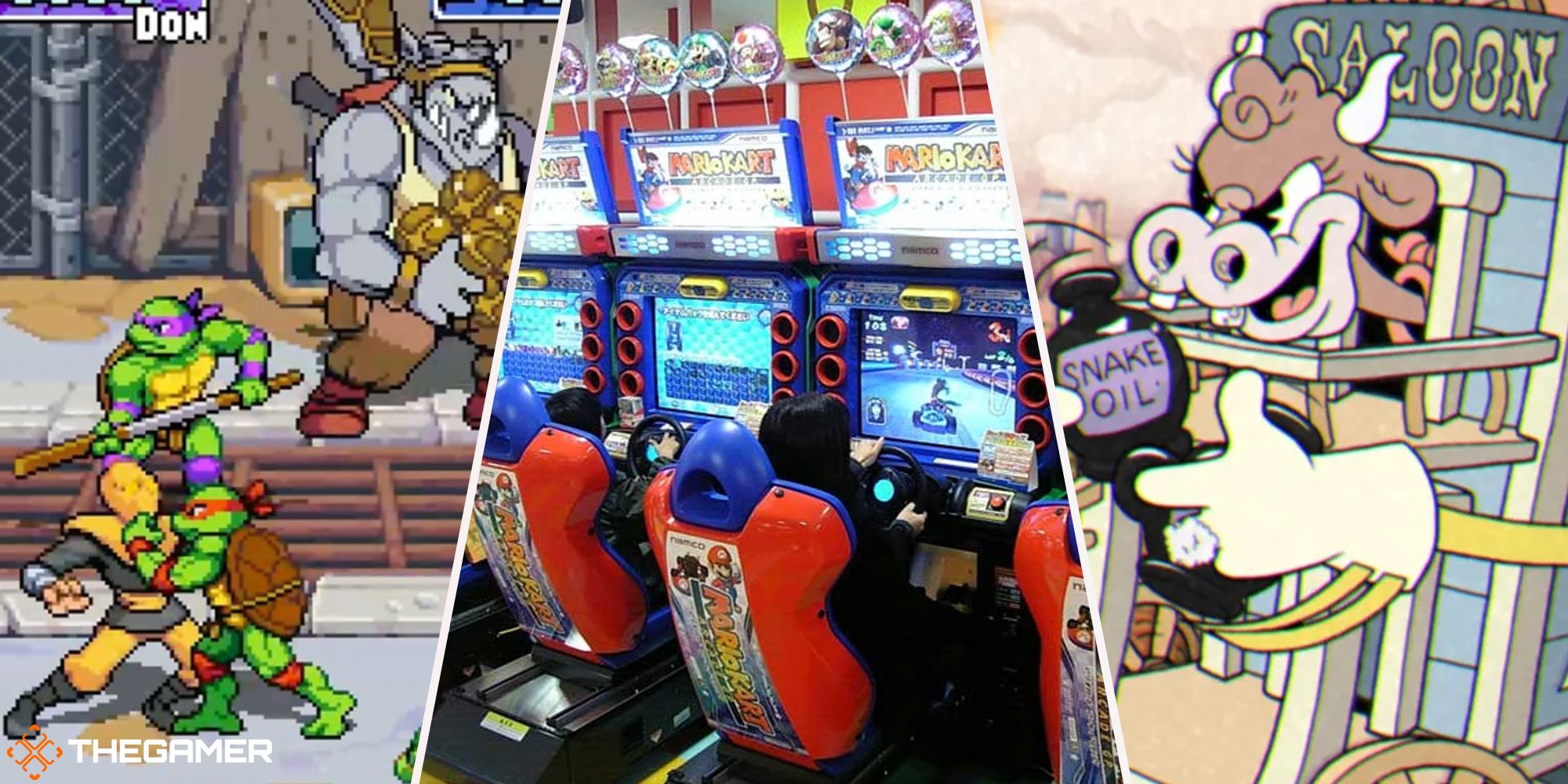 Arcade games split image - Cuphead, TMNT Shredders Revenge, Mario Kart Arcade GP