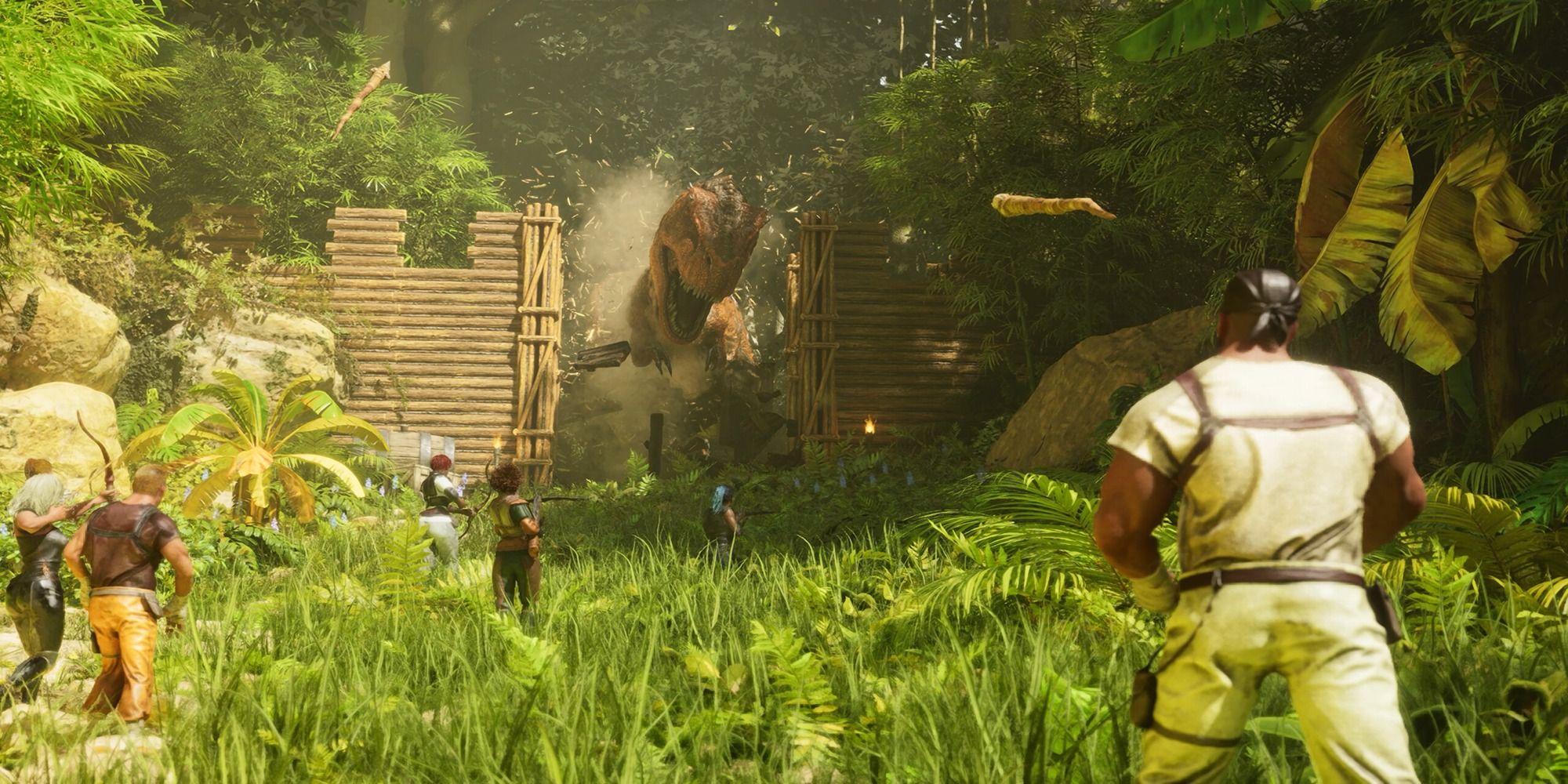 Ark Survival Ascended - The Rex surrounded by humans with weapons