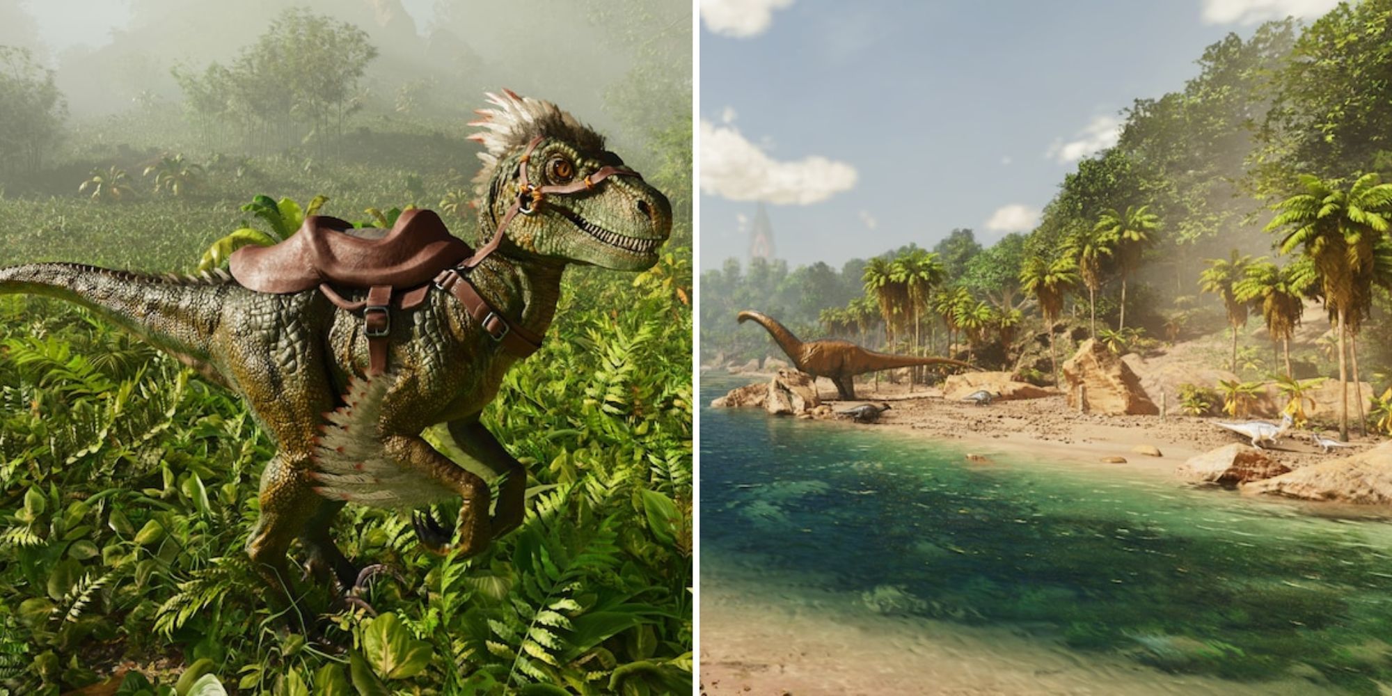 A split image of a dinosaur with a saddle in a dense, grassy area, and a river surrounded by sand, rocks, and foggy treelines.
