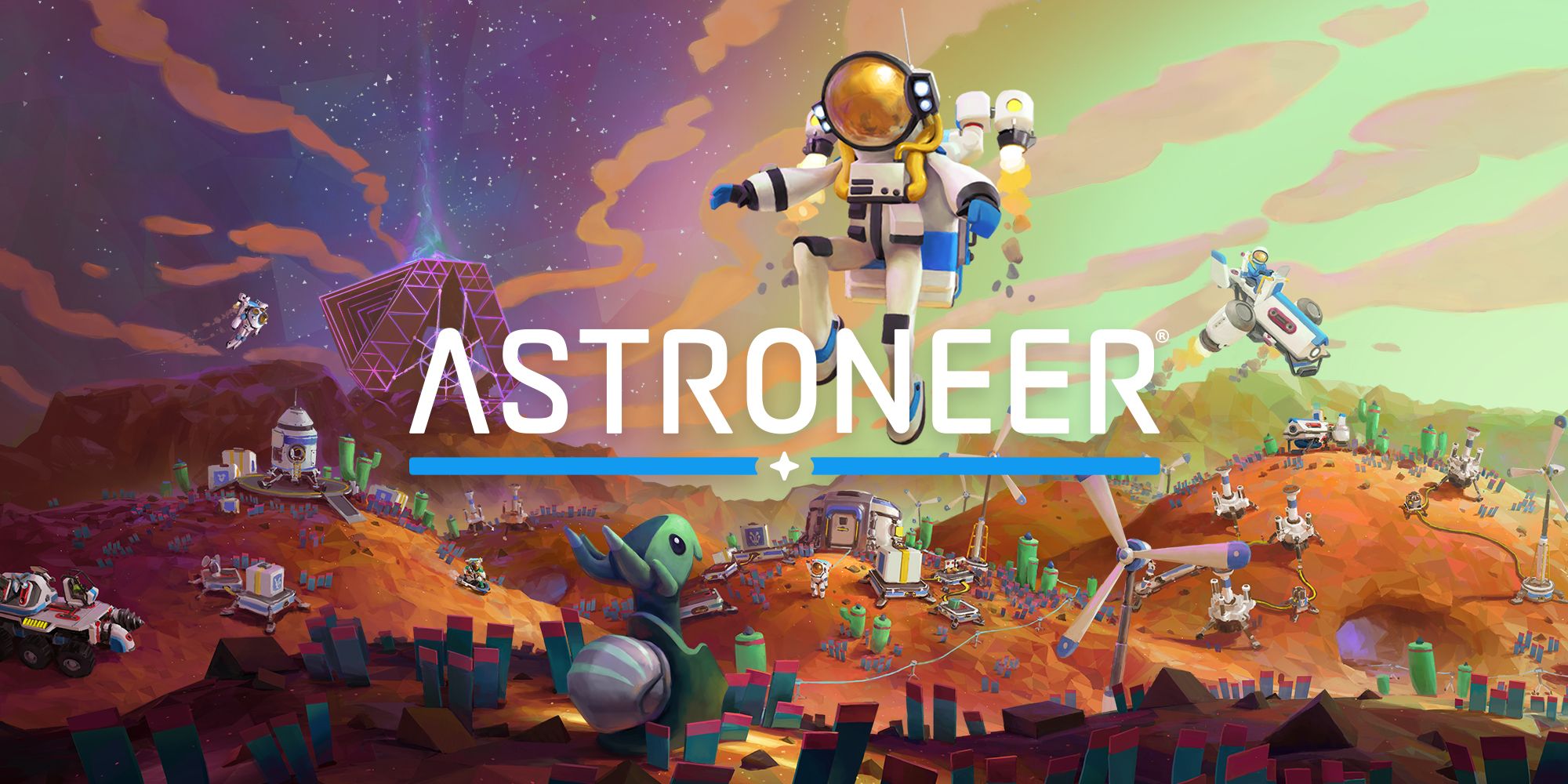 Astroneer Title Art Showing The Astronaut Descending On A World With Nature And Structures