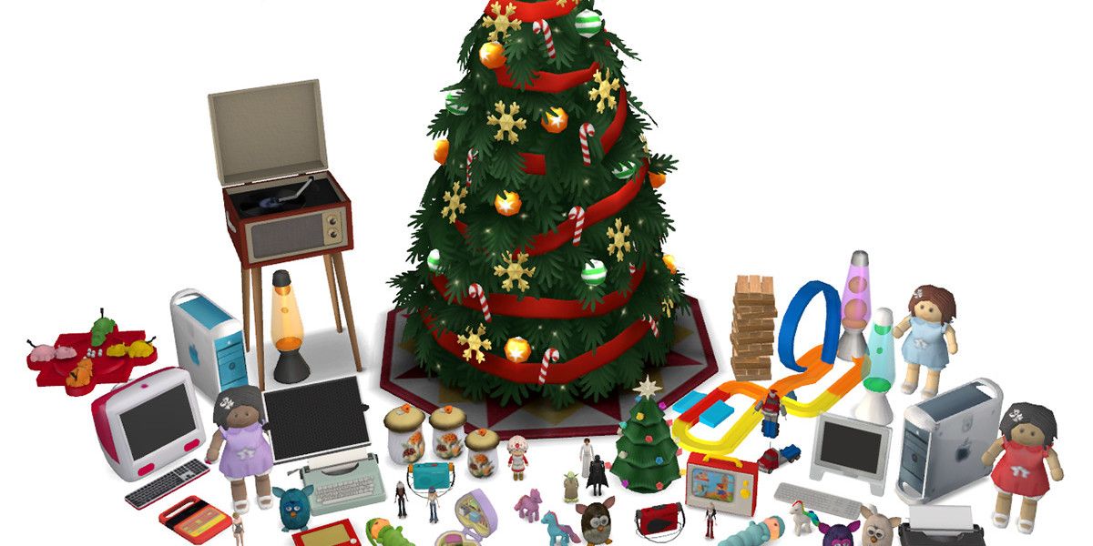 A collection of toys and gadgets arranged around a Christmas tree in The Sims 4