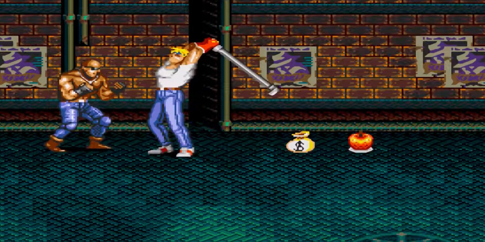 Axel about to deliver justice to and enemy's head with a pipe in Streets of Rage 2