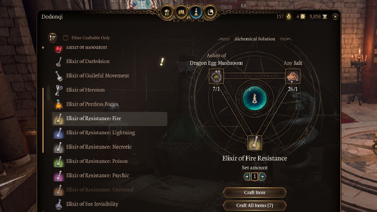 An Elixir of Fire Resistance being crafted in the Alchemy menu in Baldur's Gate 3