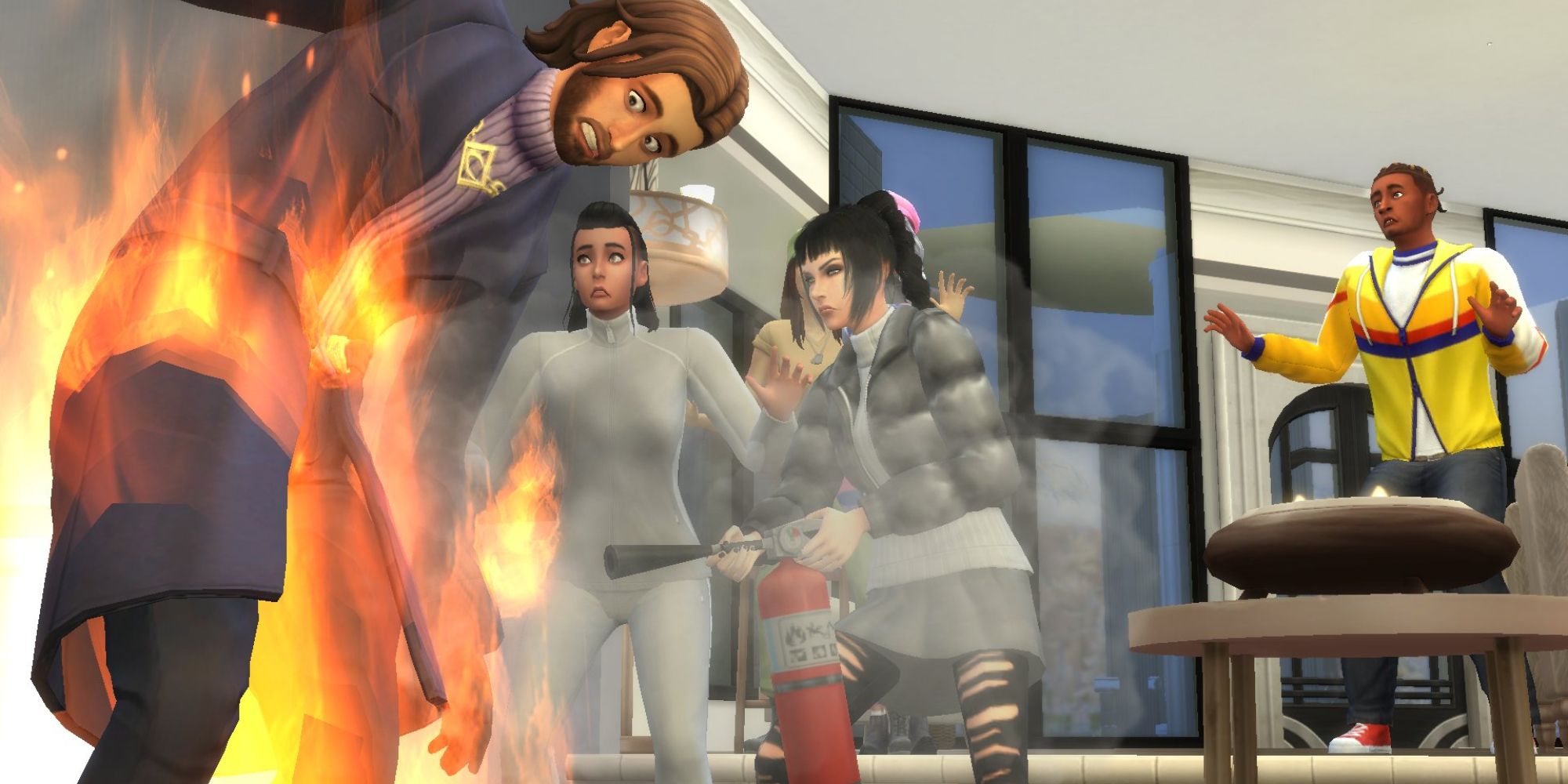 Baldur's Gate 3 cast in The Sims 4 as Shadowheart puts out flames on Gale with a fire extinguisher