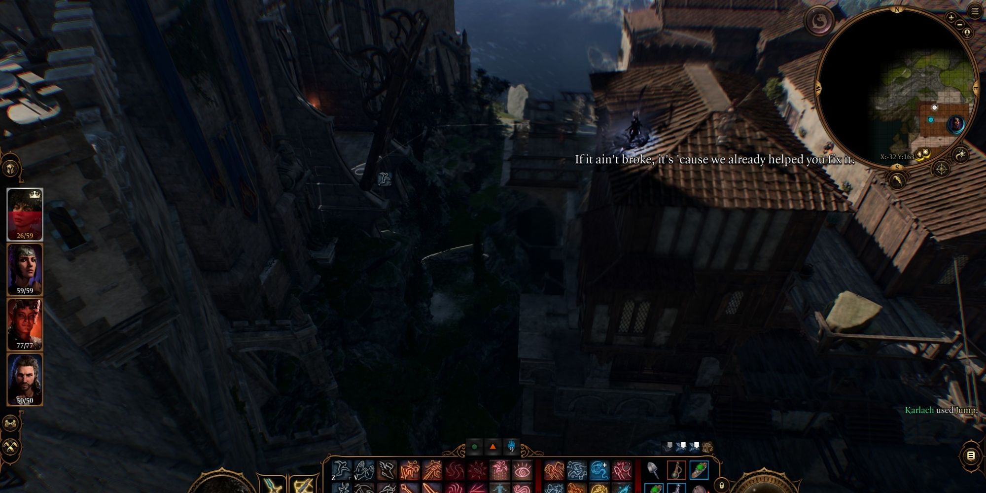 Baldur's Gate 3 Player Using Fly Ability On Rooftop