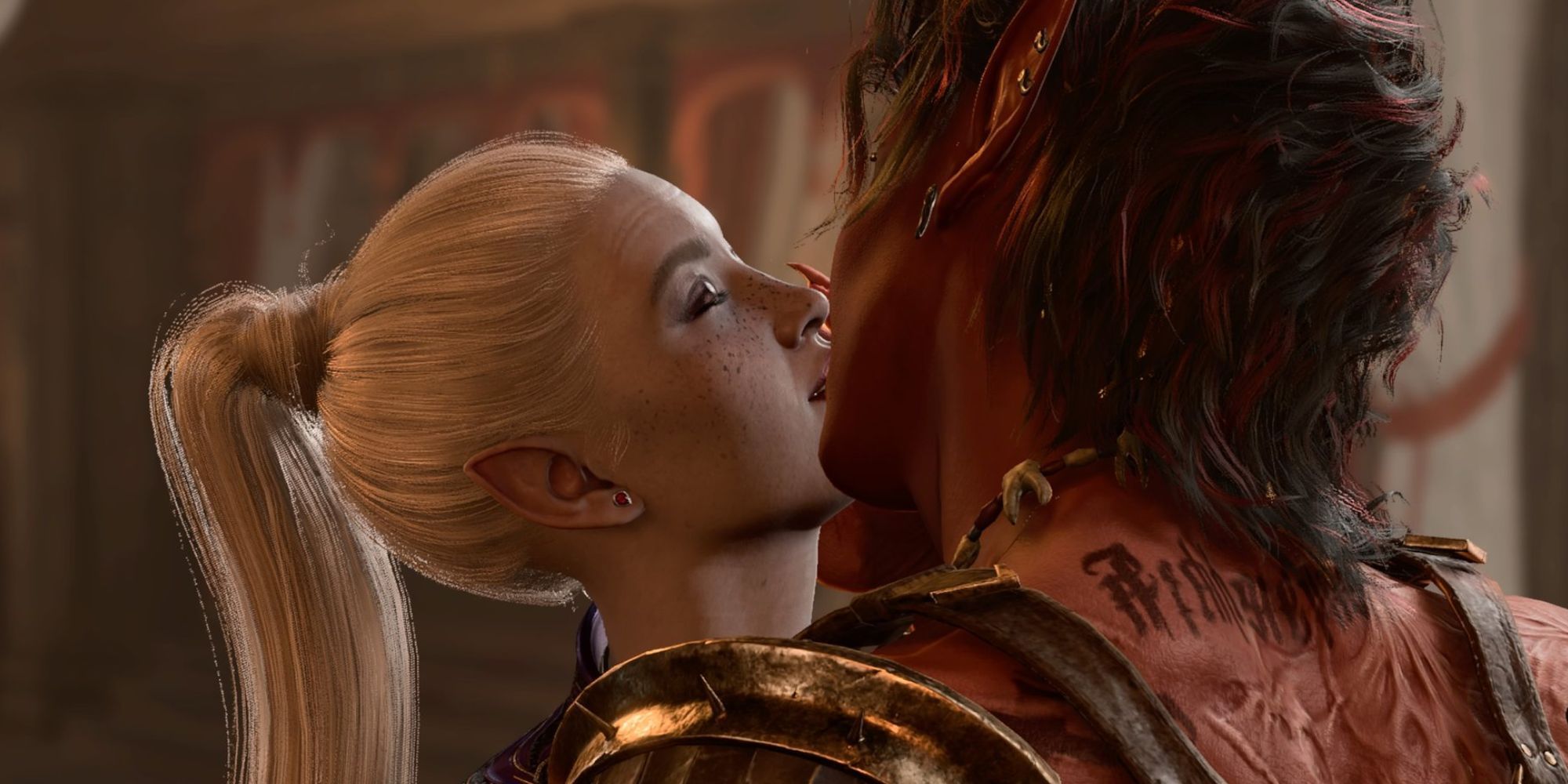 A screenshot from Baldur's Gate 3. A half drow woman kisses her tall, red Tiefling girlfriend called Karlach. 