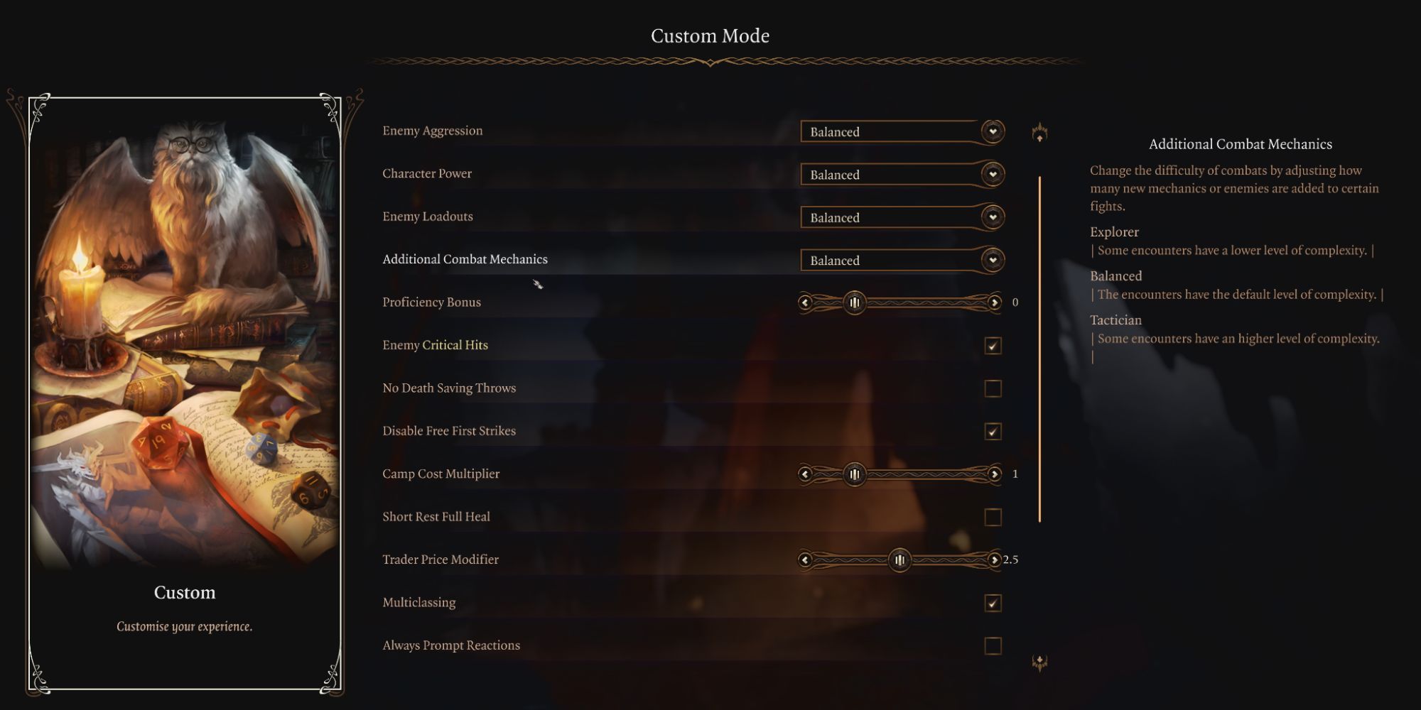 Some of the options presented in Baldur's Gate 3's Custom Mode.