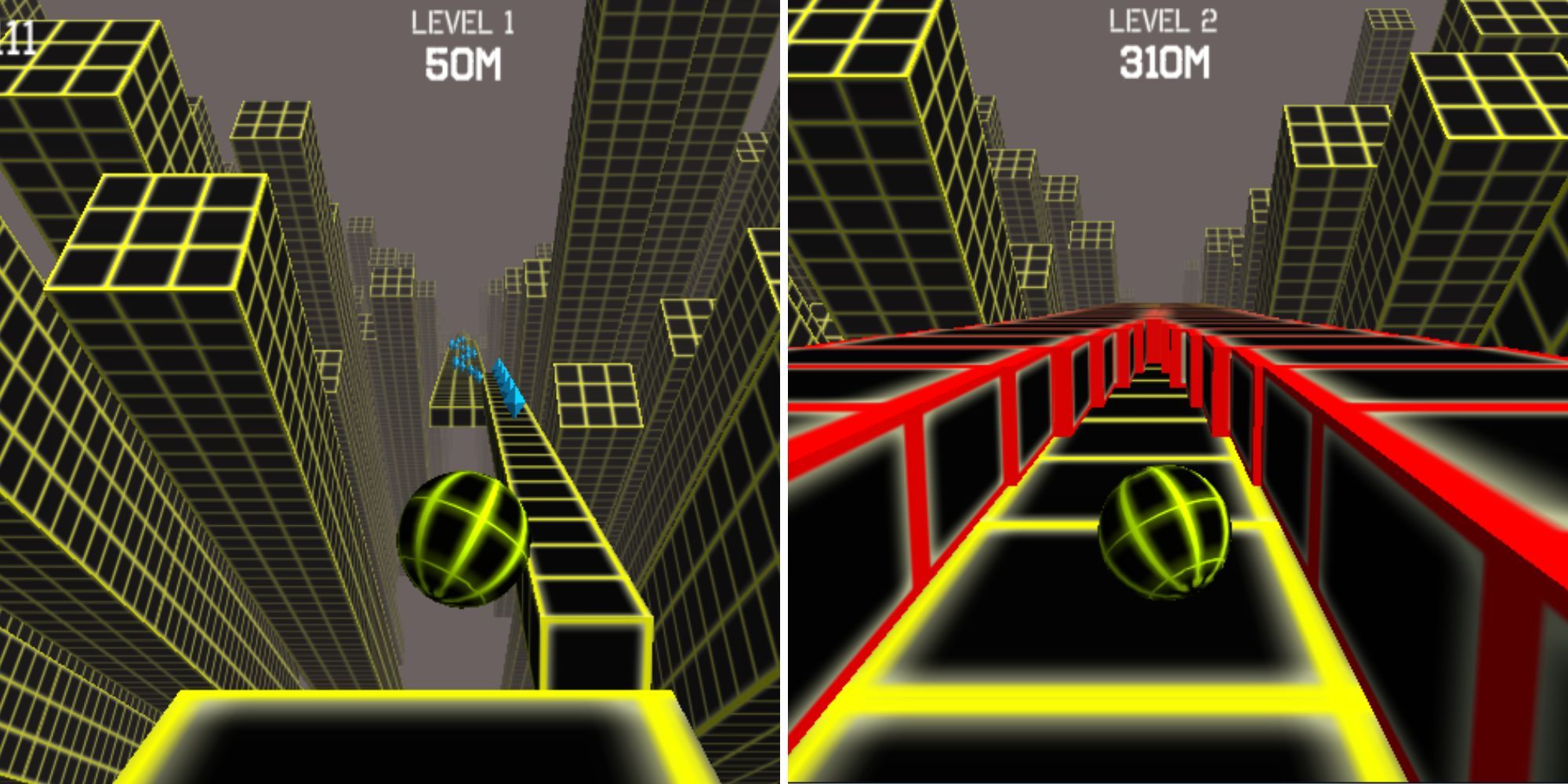 A split image of a black and yellow, grid-patterned, geometric ball and level, and red and black obstacles. 