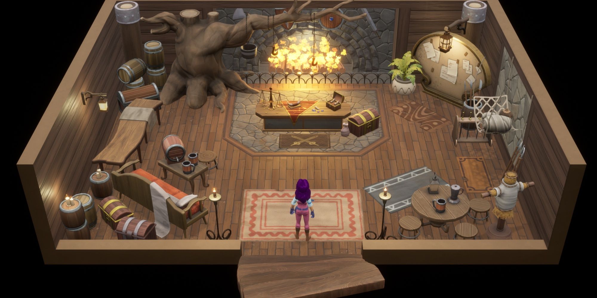An image of the player in a cozy wooden room with a fireplace in Coral Island