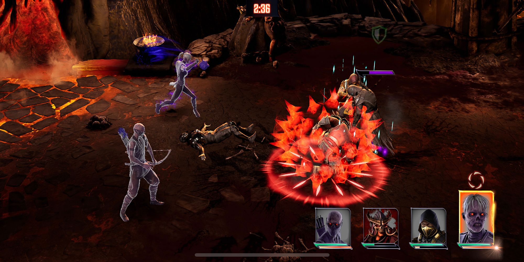 Scorpion, Shao Kahn, and a team of Neatherealm demons engage in battle in Mortal Kombat: Onslaught.