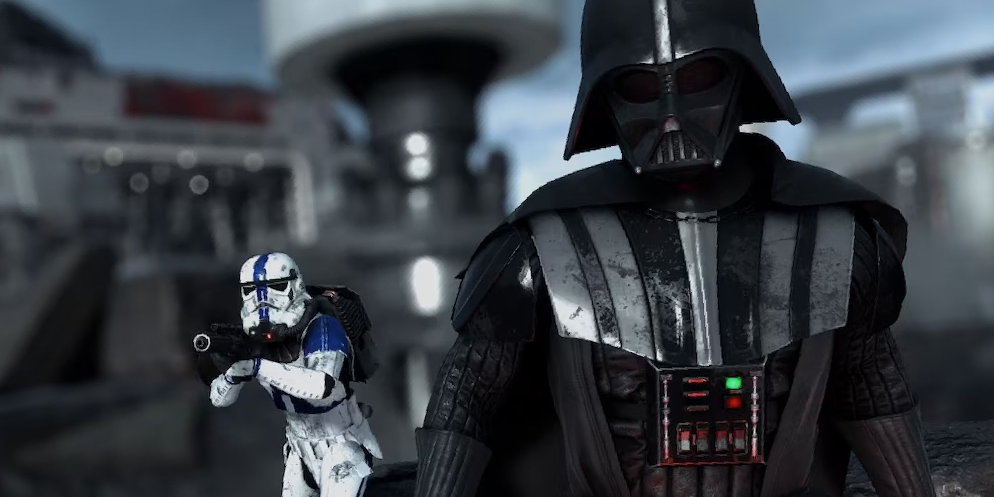 Battlefront 2015 screenshot from the store page showing Darth Vader next to a Storm Trooper with blue accents pointing a blaster
