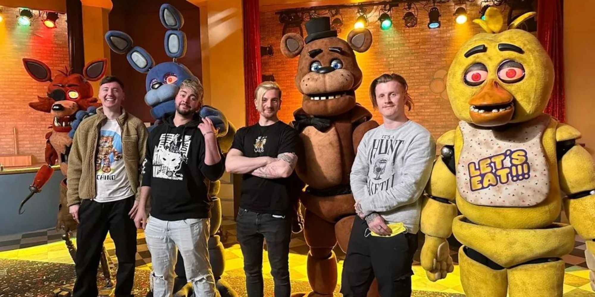 An image of Bazamalam and other youtubers on the set of the Five Nights At Freddy's Movie