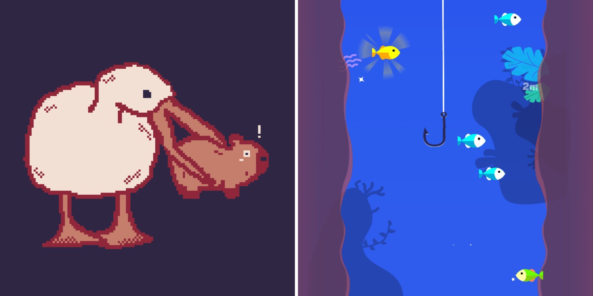 A split image of a pixel art bird holding a baby capybara in its beak, and a 2D view of a fishing hook and multi-colored fish.