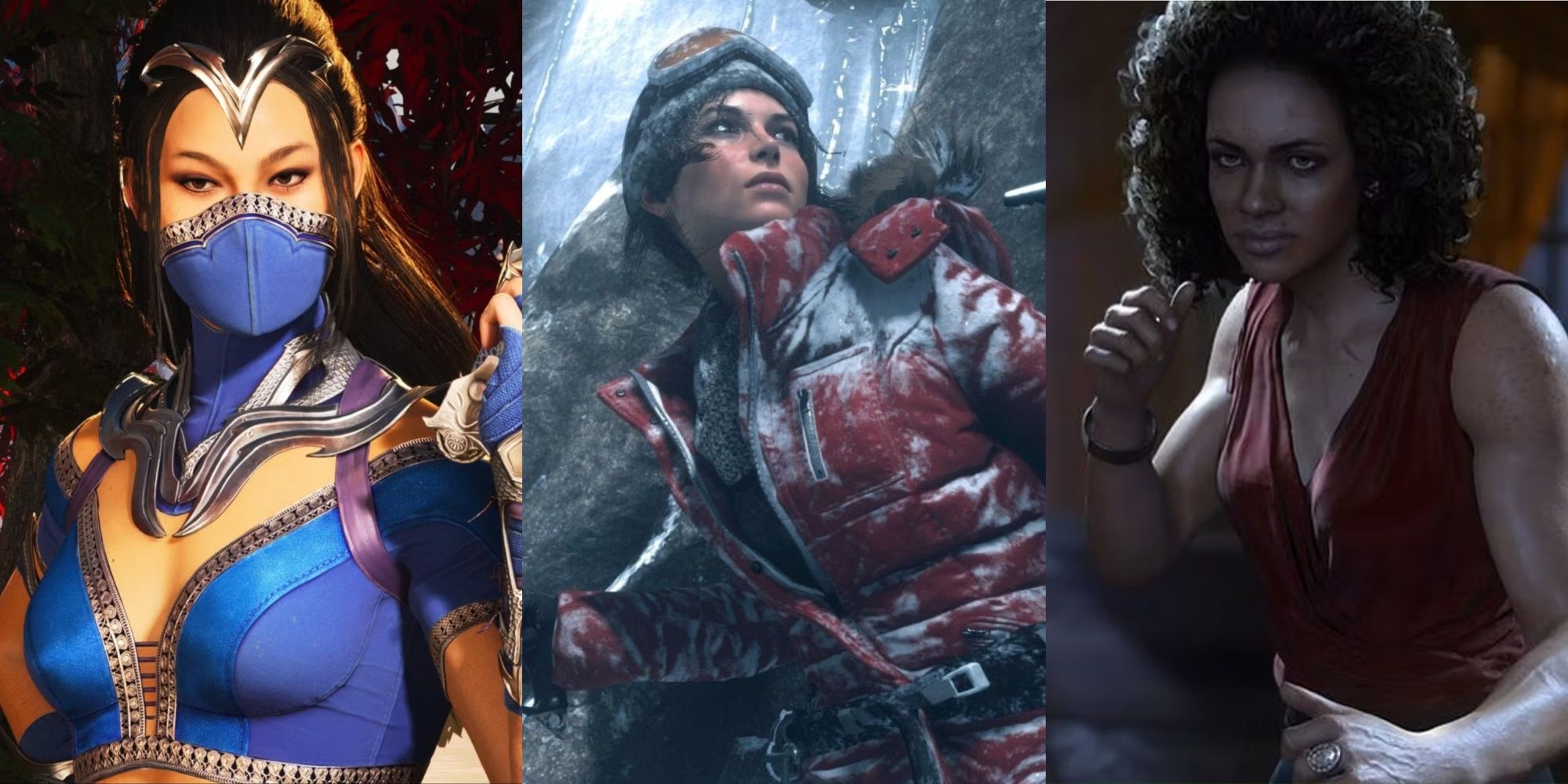 Kitana from Mortal Kombat, Lara Croft Rise of the Tomb Raider, and Nadine from Uncharted 4