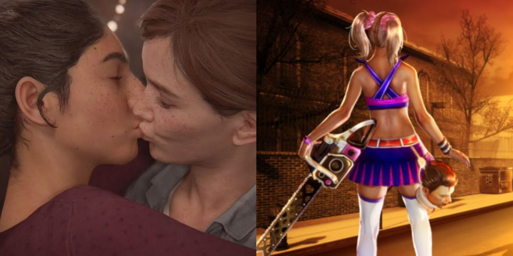 Ellie and Dina share a kiss in The Last of Us: Part 2, Lollypop Chainsaw
