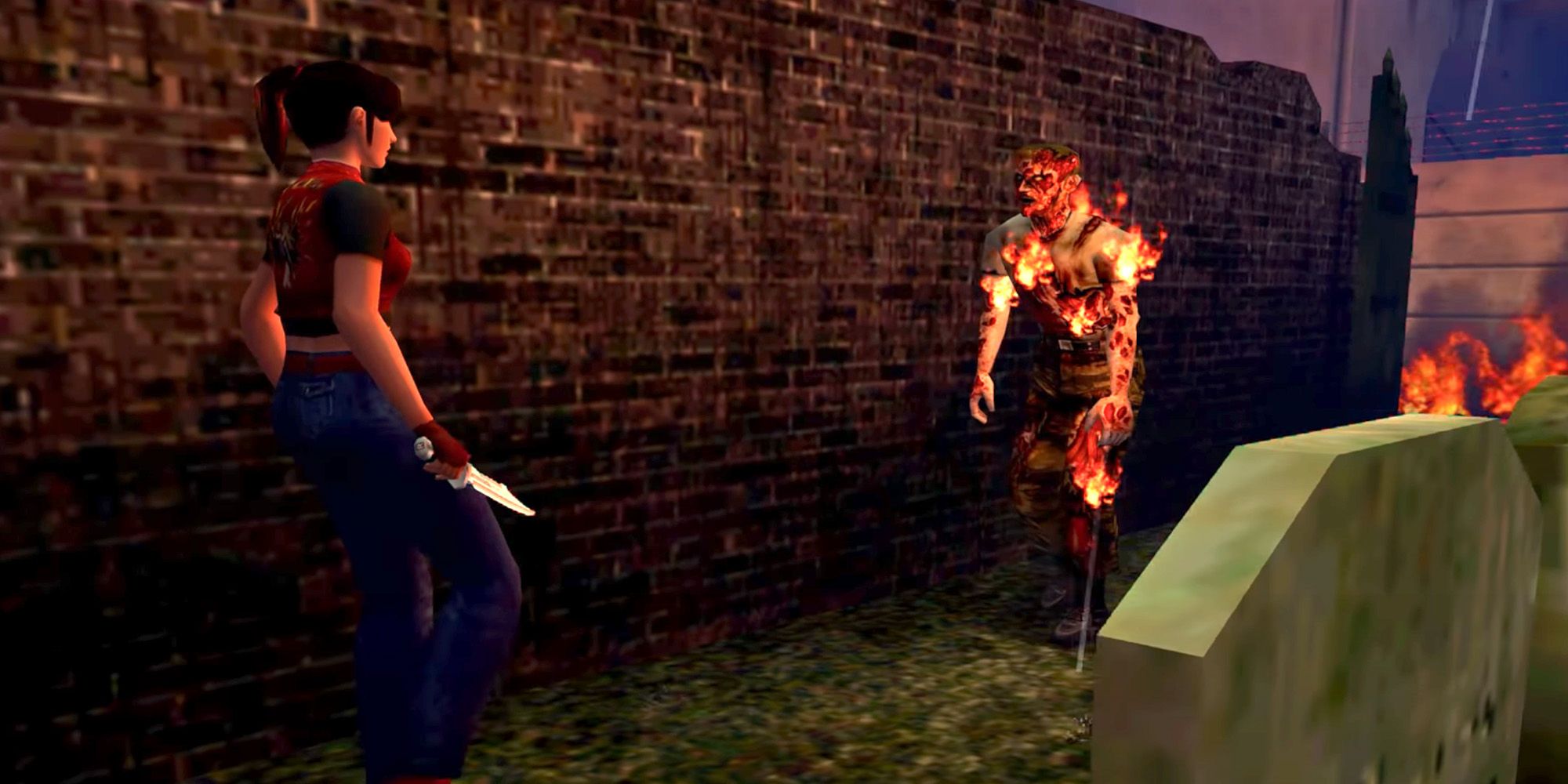 Resdient Evil Code Veronica - Claire Redfield backing away from a zombie engulfed in flames in Rockfort Prison