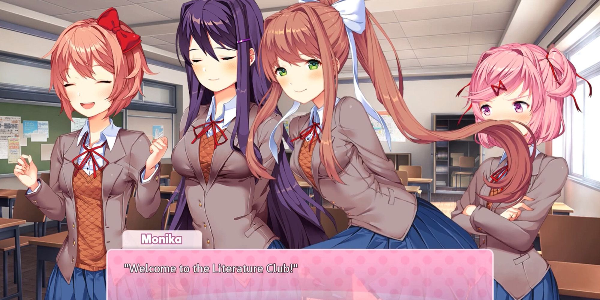 Sayori, Yuri, and Natsuki standing next to Monika as she welcomes you to the LIterature Club in Doki Doki Literature Club!