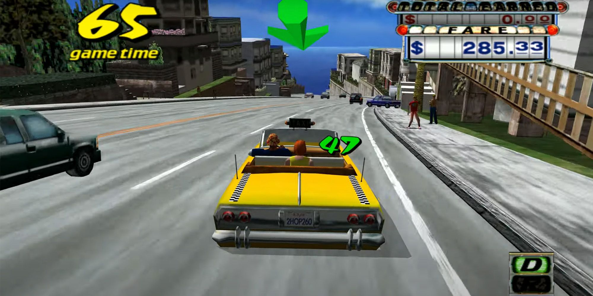 Crazy Taxi (Dreamcast) - B.D. Joe drives a passenger in his taxi