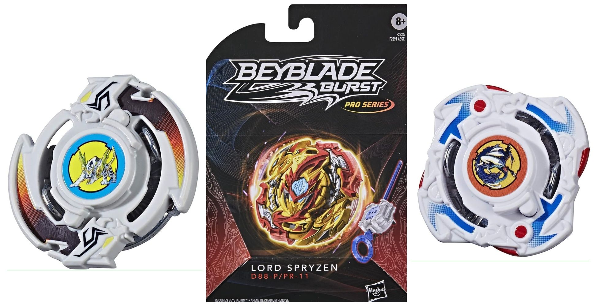 A triple image of three Beyblades. In the center, a Lord Spryzen still in the box. On the left and right, Dragoon F and Driger S.