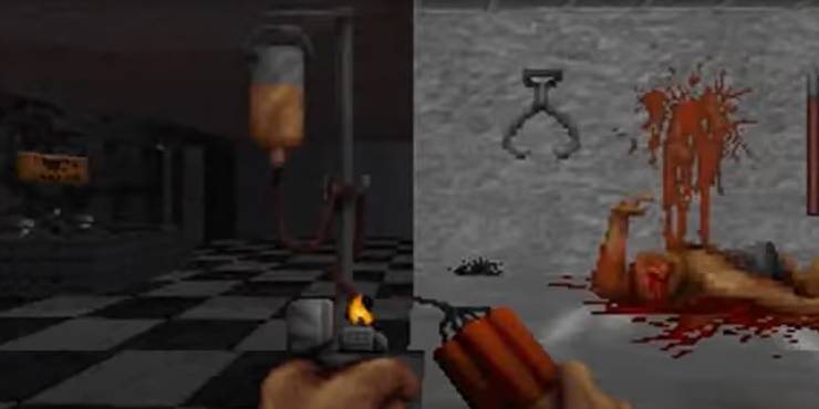 the player holds dynamite and alighter while exploring a hospital with a corpse by a wall