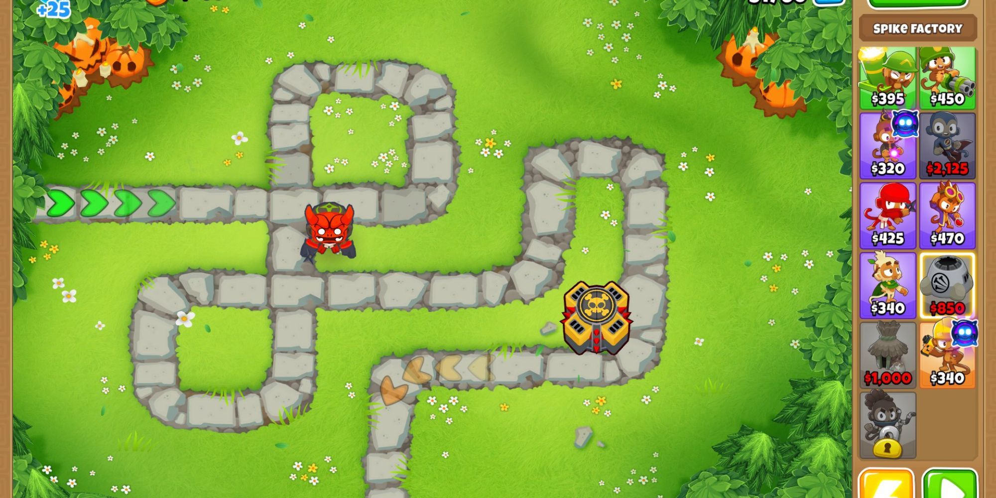A grassy beginner map showing a red ninja monkey and a yellow tack shooter on Deflation mode.