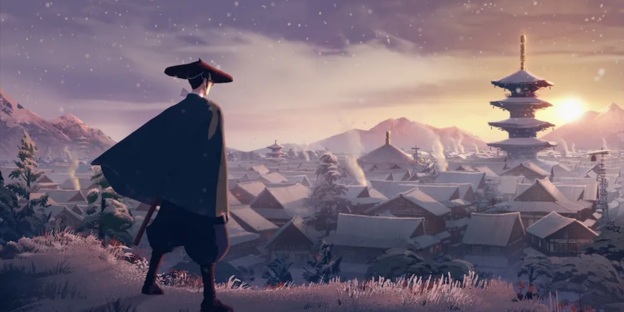 a banner for the Netflix show, Blue Eye Samurai, featuring the main character looking over a vista