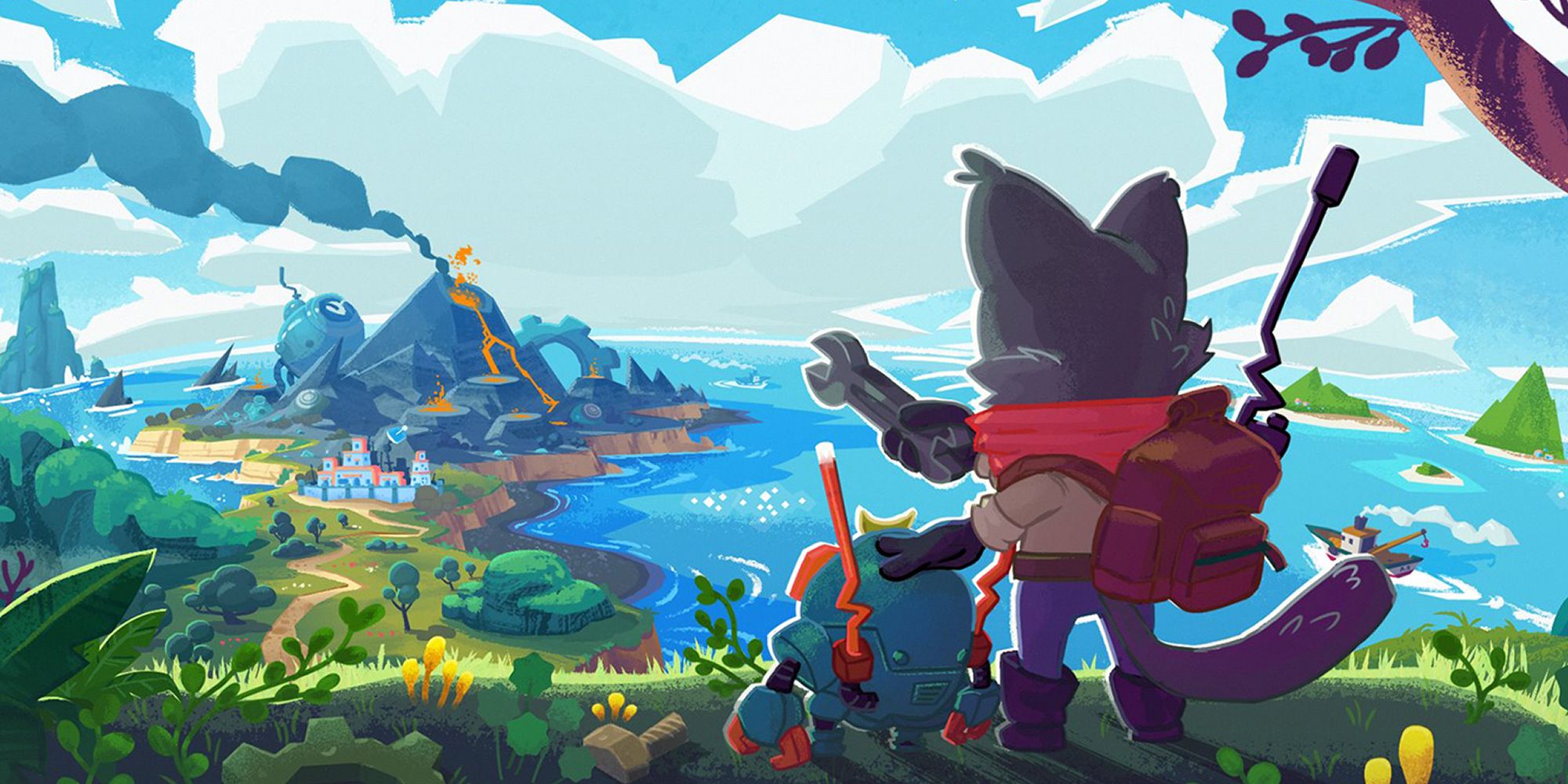 Botworld Adventure Artwork Depicting The Hero And A Bot Looking Out At The Land
