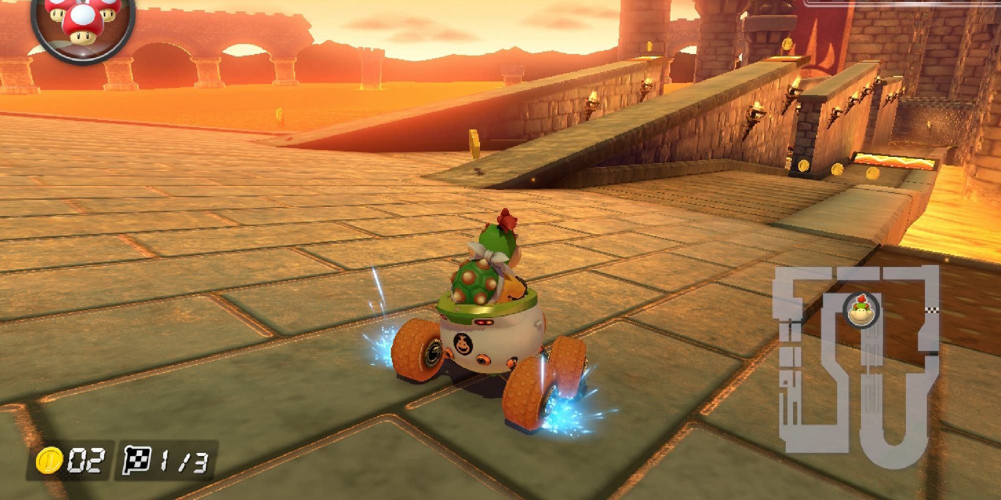 bowser jr heading towards rideable walls in bowsers castle 3 mario kart 8 deluxe