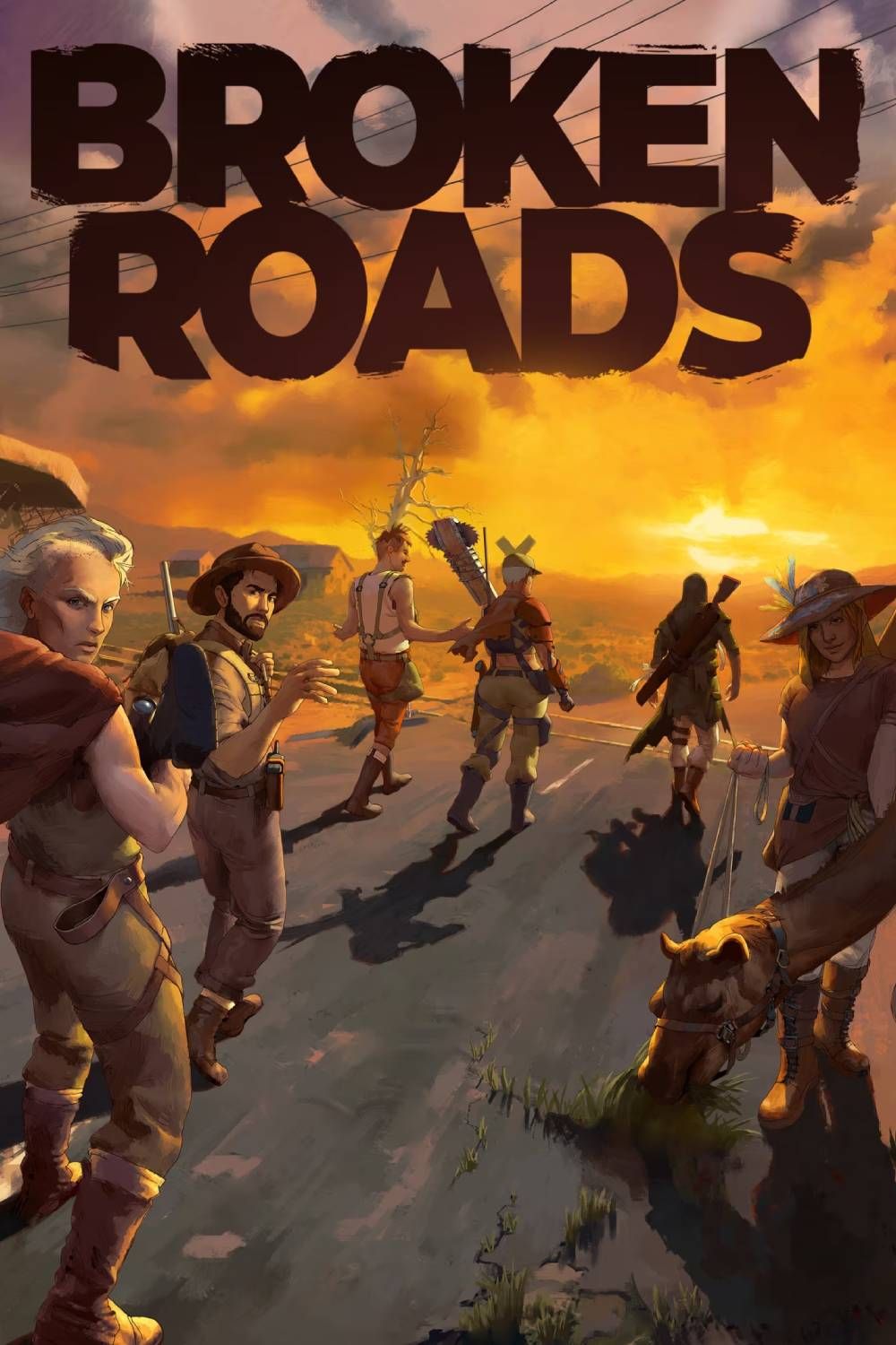 Broken Roads Cover Art featuring main cast on a road leading to a sunset