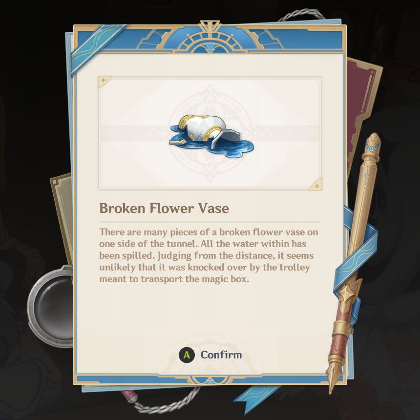An image depicting a notebook page with key information about the Broken Flower Vase, a clue in Lyney's case in Genshin Impact.