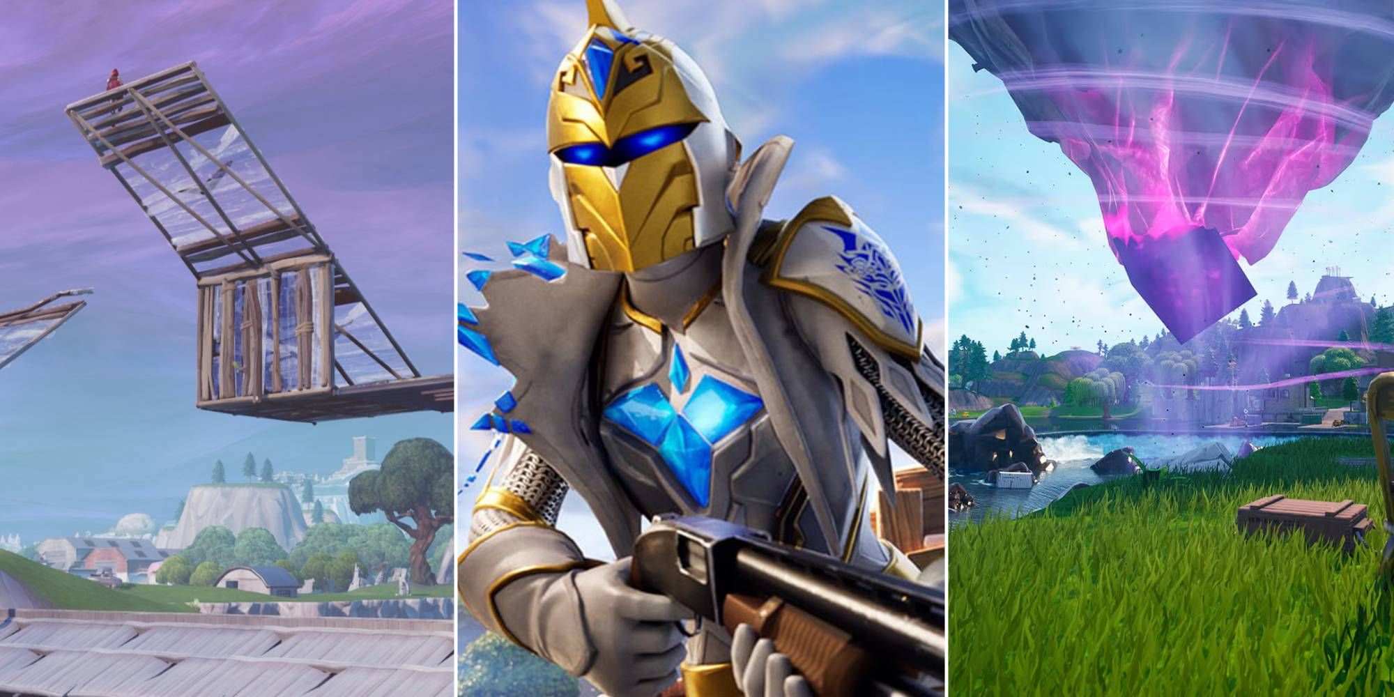 A player builds up with wood, Spectra Knight runs with a shotgun, and the island of Loot Lake rises from the water in OG Fortnite.
