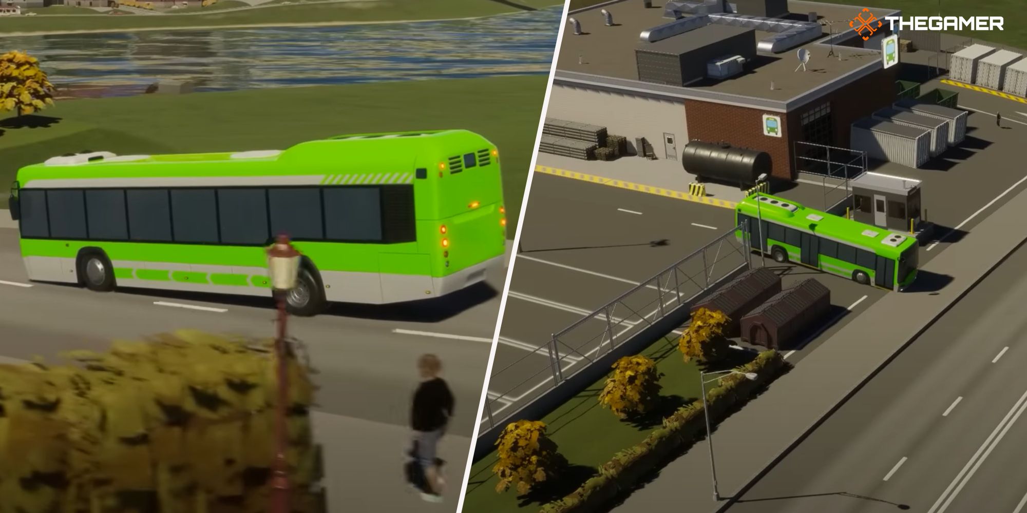 Collagenbild eines Busses und eines Busses, der vom Depot in Cities: Skylines 2 abfährt.
