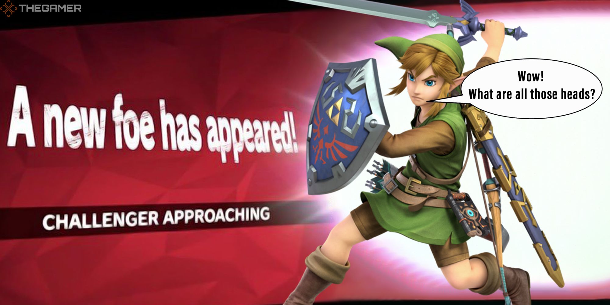Link stands in front of a Super Smash Bros. 