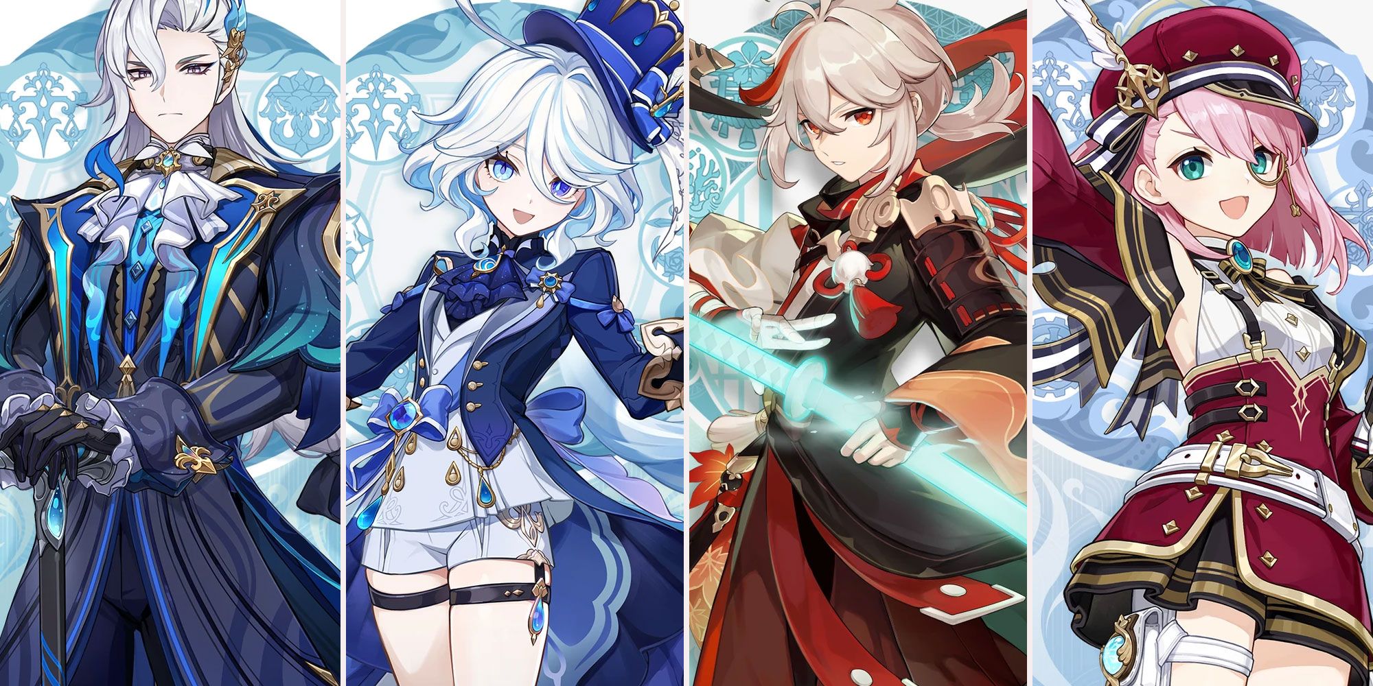 An image split in four showing the drip art for Neuvillette, Furina, Kaedehara Kazuha, and Charlotte from Genshin Impact.