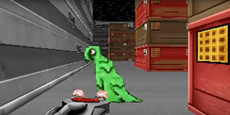 ChexQuest footage of a green goo monster in a warehouse