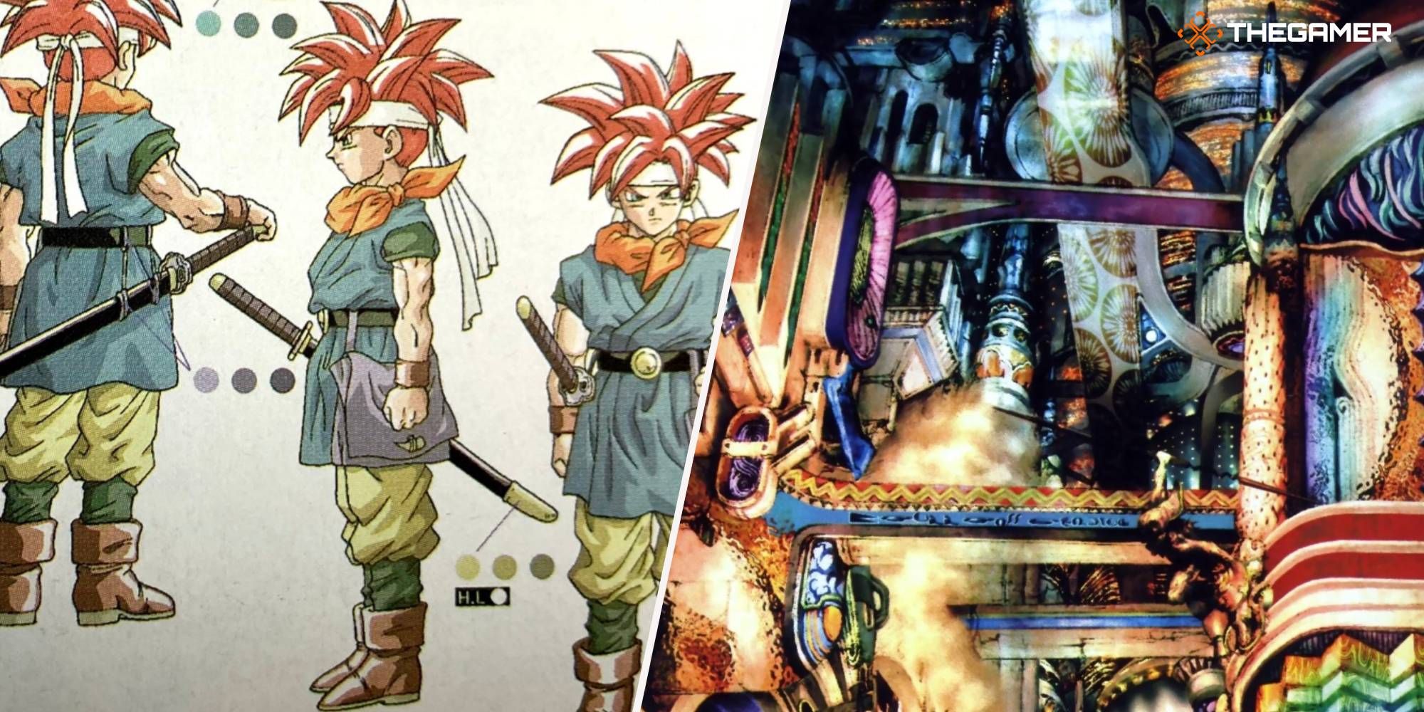 Chrono Trigger concept art of protagonist Crono, alongside concept art of Final Fantasy X.