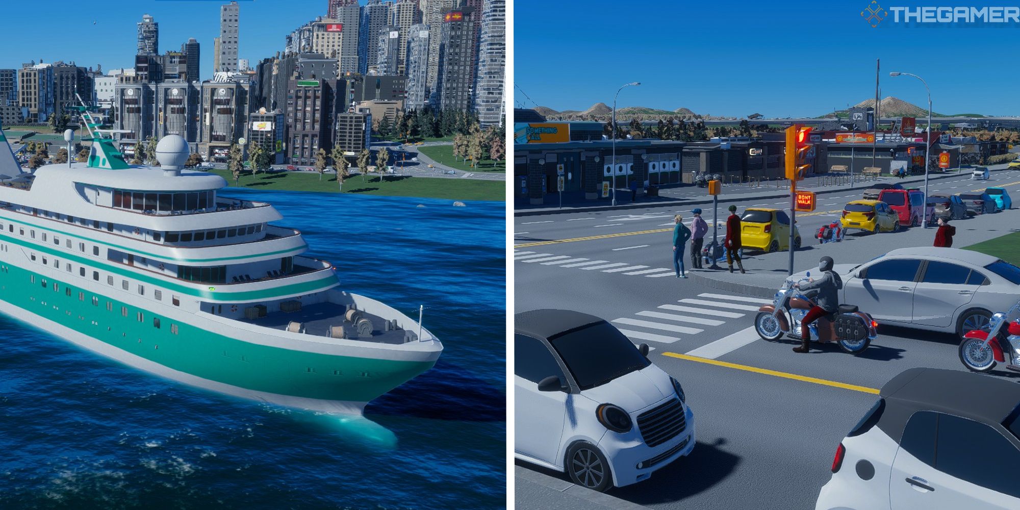 cities skyliens 2 split iamge showing boat in water next to image of traffic at an intersection