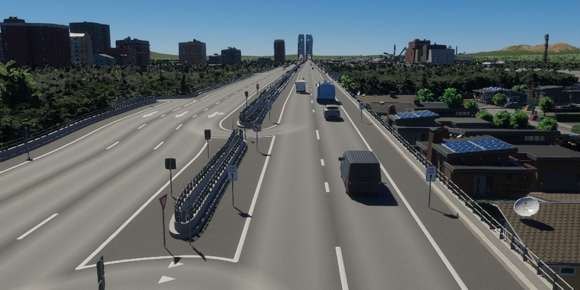 cities skylines 2 highway from low angle, showing cars driving and buildings to the side