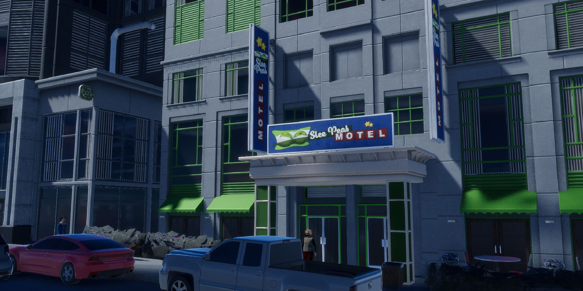 cities skylines 2 hotel with person walking in