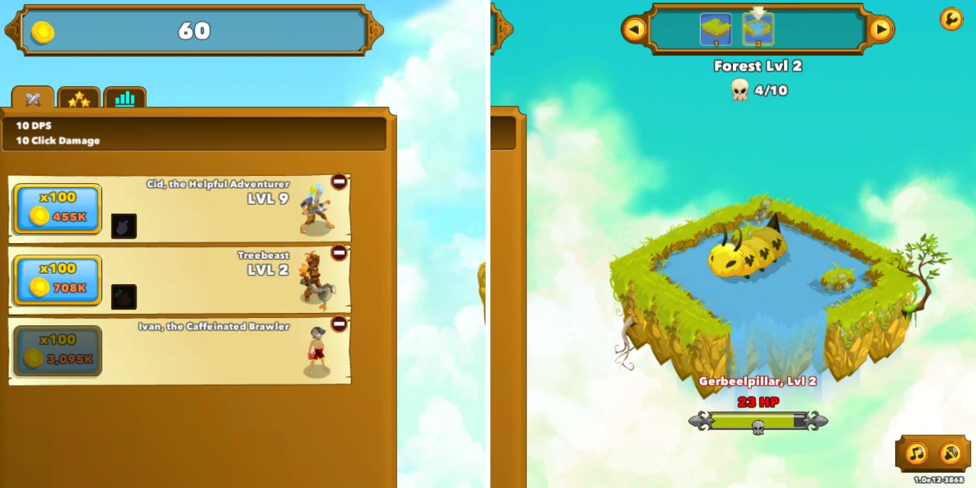 A split image of a floating sky island with a pool of water and a yellow larva, and a hero purchase and upgrade screen.