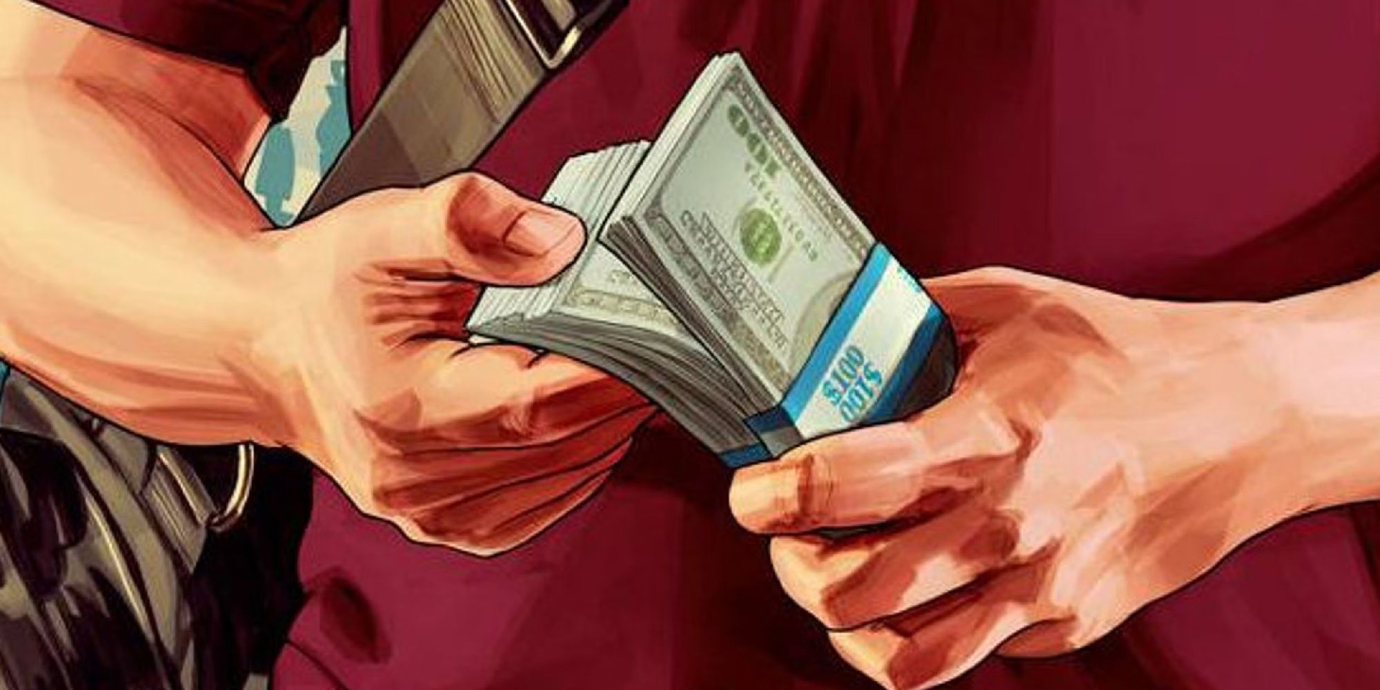 close-up of Michaels hands flicking through a stack of dollars in GTA 5