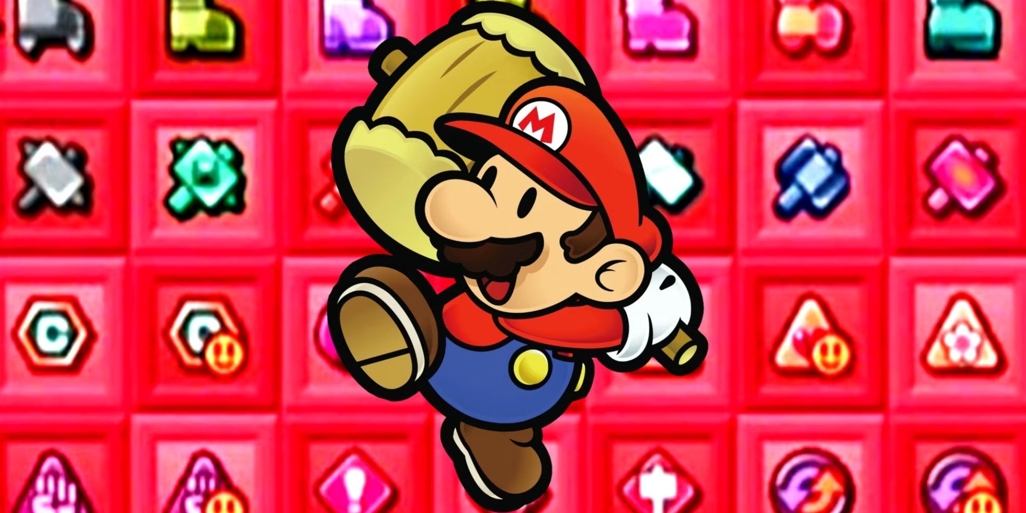 Close up of Paper Mario with a hammer as Badges decorate the background