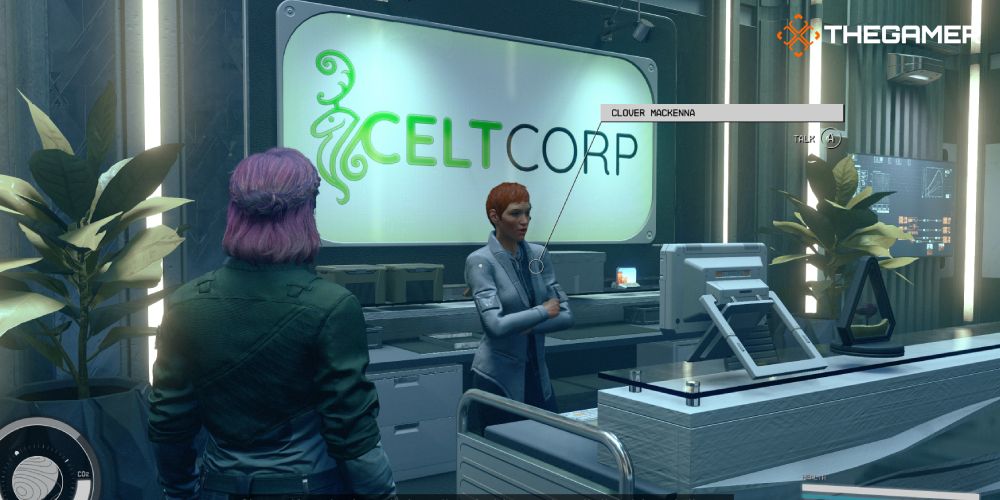 Standing at the front desk for CeltCorp in Starfield, Clover MacKenna is behind the desk.