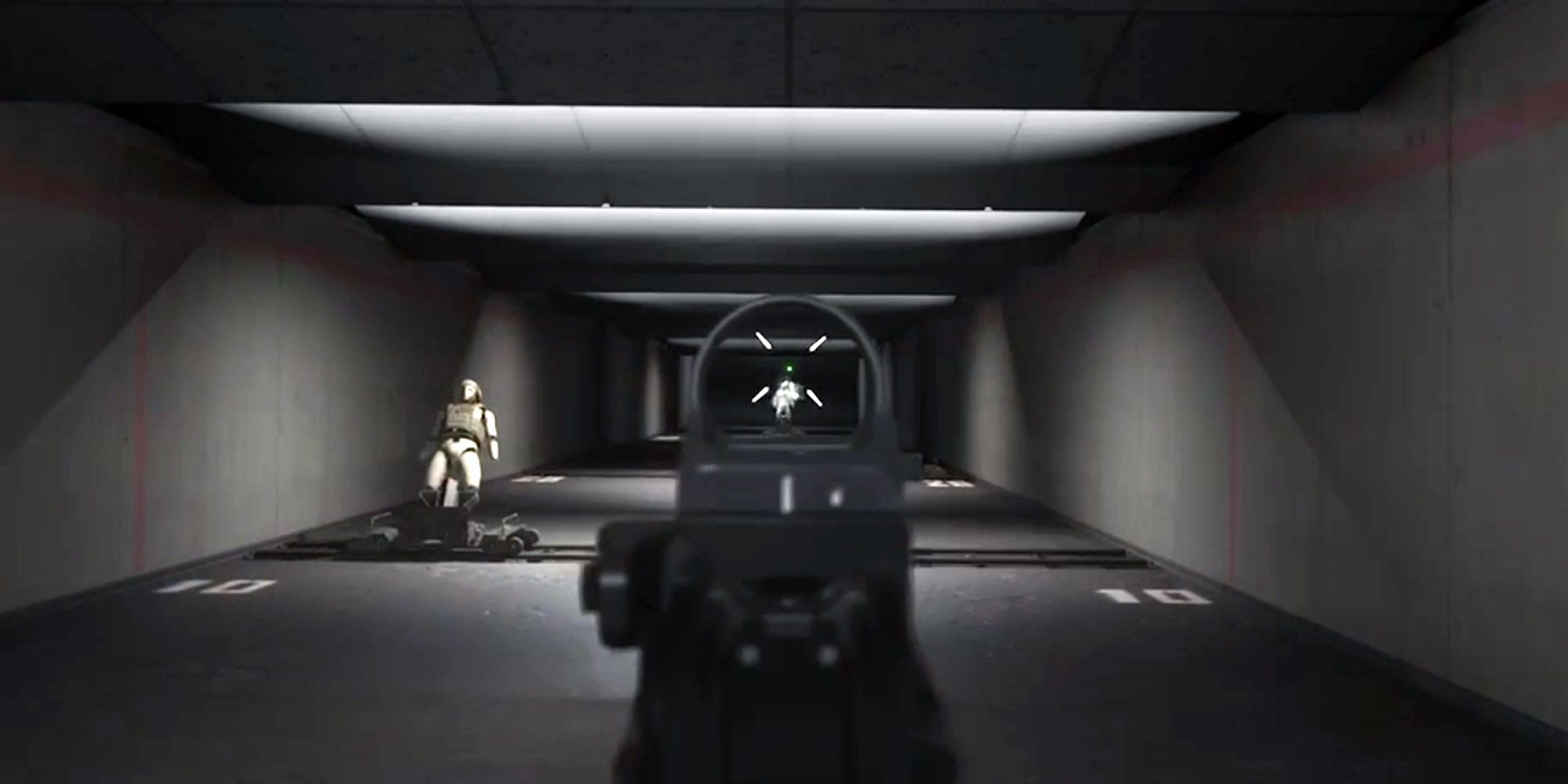 The firing range in Call of Duty Modern Warfare 3. The player is aimed at a mannequin through a small optic.