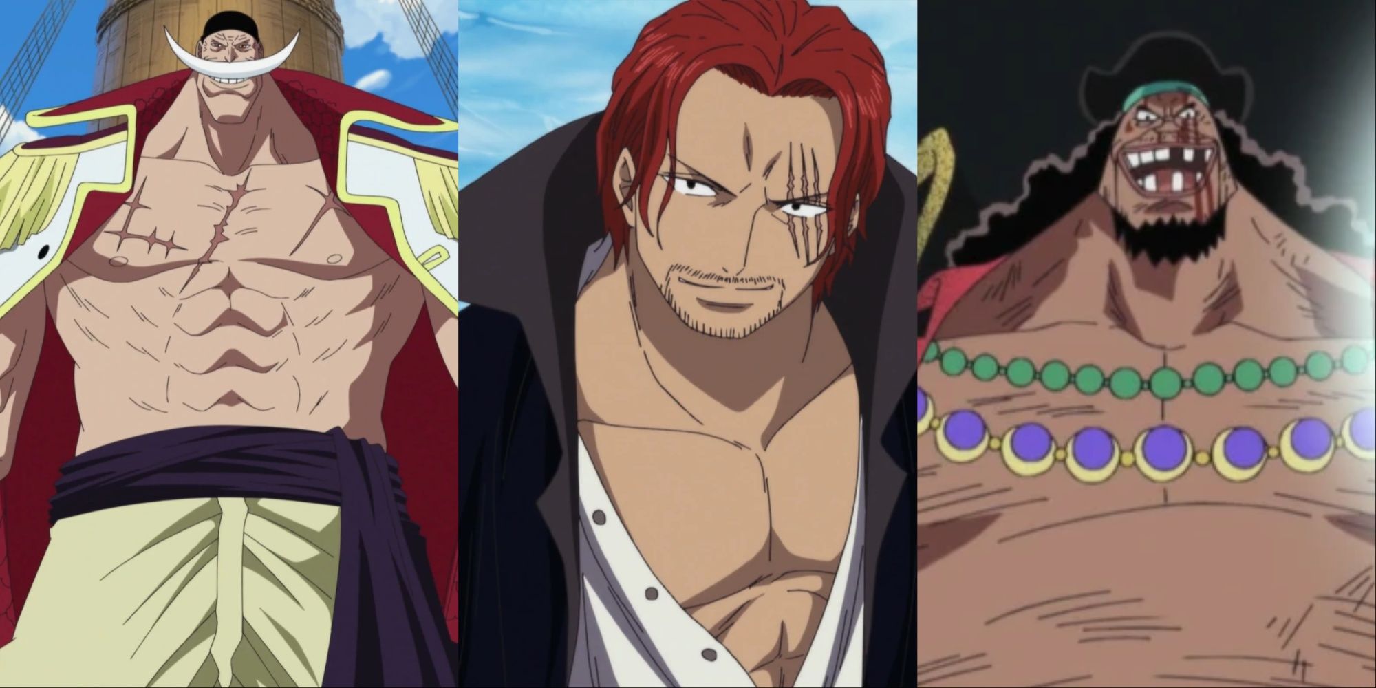Collage av Whitebeard, Shanks och Blackbeard från One Piece.