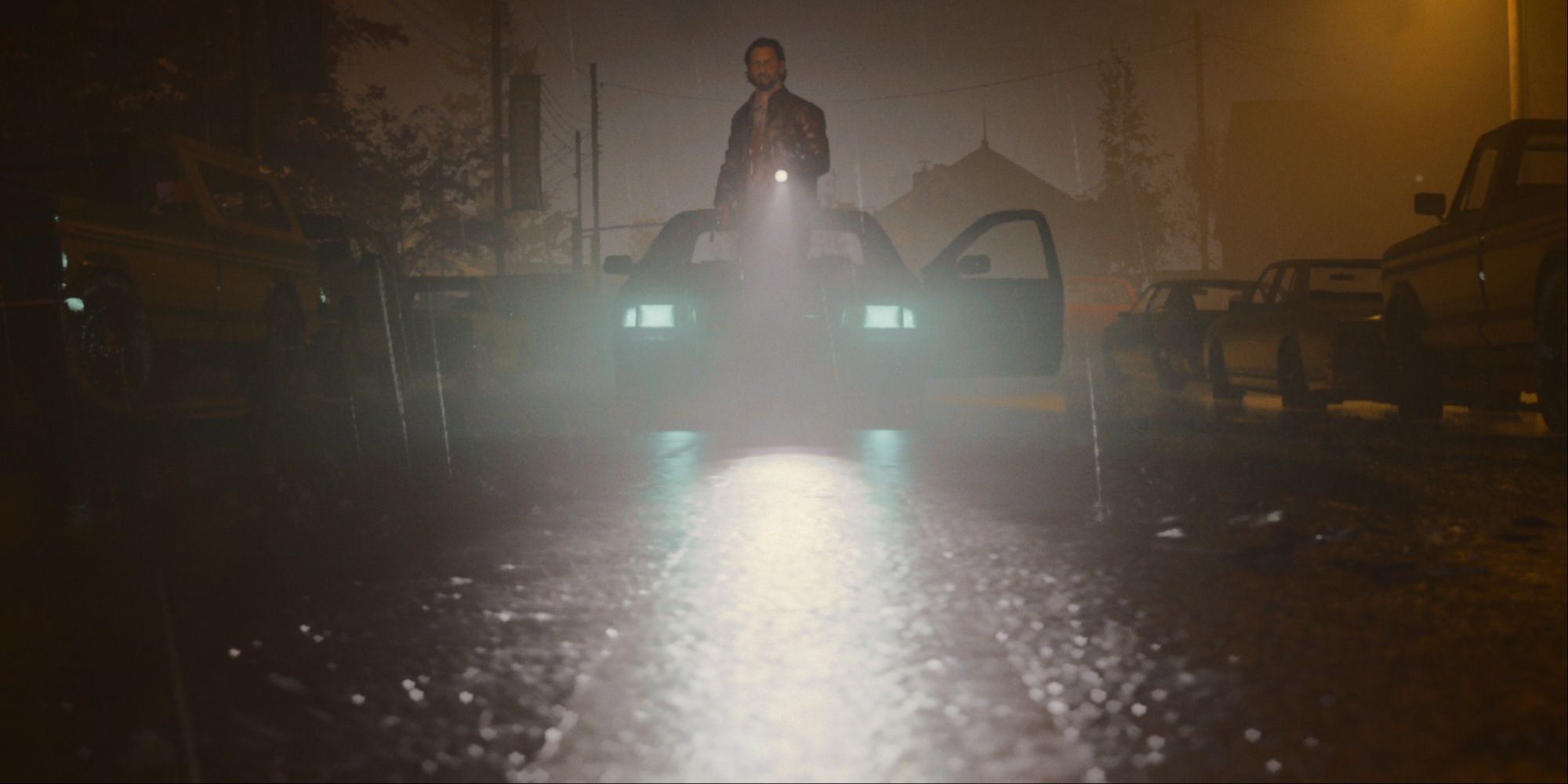Alan exiting his car to enter the overlap leading to Deerfest striking the same pose with gun and flashlight as the cover art for the first game.
