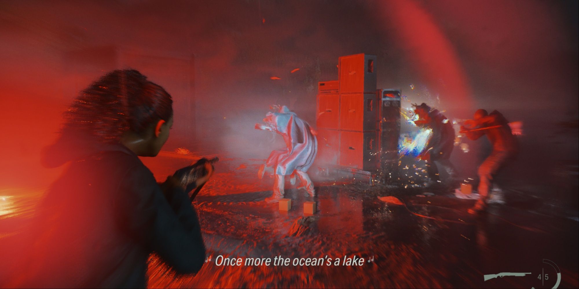 Saga pointing her shotgun at three enemies who are thrown back by a red flare of light as a song plays.