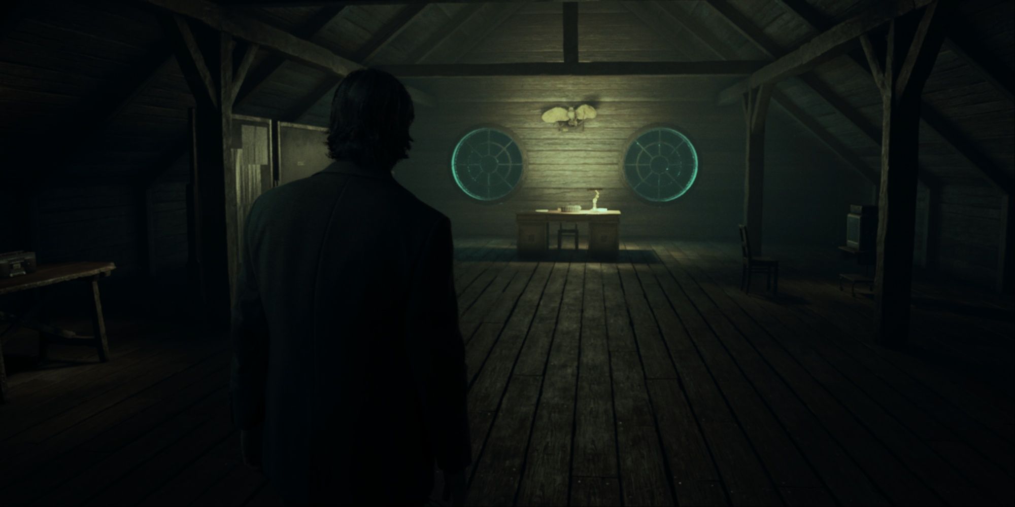 Alan walking through the spiral door in Valhalla Nursing Home to be met with the same exact Writer's Room attic as in the earlier sections.