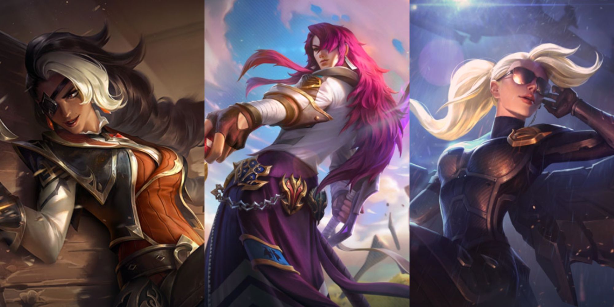 A collage of High Noon Samira, Battle Academia Yone, and Riot Kayle in League Of Legends.